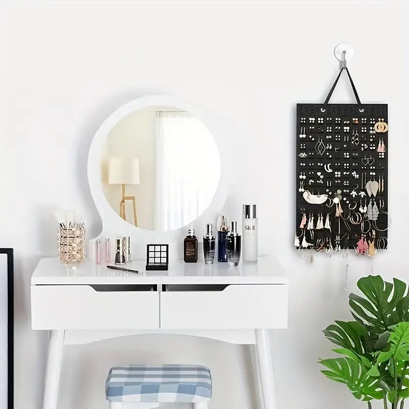 Hanging Jewelry Organizer for Earrings, Necklaces & Bracelets - Double-Sided Felt Storage Bag with Hooks, Foldable Storage-Saving Wall or Closet Hanger