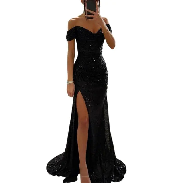 Elegant Off-Shoulder Sequined Maxi Dress for Women - Sparkly Evening Gown with Slit, Formal Prom Dress, Elegant Wedding Guest Outfit, Long Bodycon Party Dress