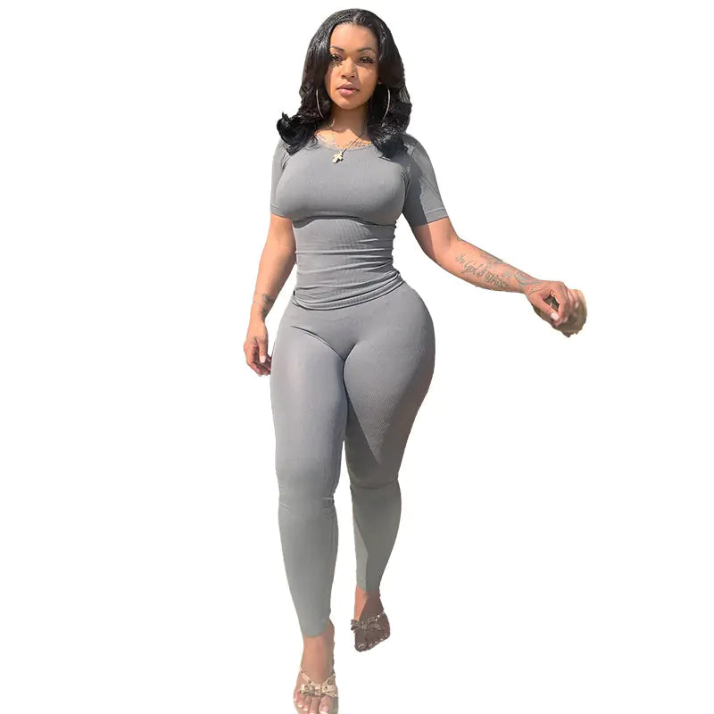 Women's Lounge Wear Ribbed Two Piece Set, Women's Solid Color Letter Print Crop Top & Skinny Pants Two-piece Set, Casual Fashion Cozy Breathable Two Piece for Daily Wear, Ladies Summer Clothes