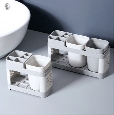Creative Toothbrush Holder Set for Home Use, with 2 Mouthwash Cups, 1 Count Creative Countertop Toothbrush Storage Rack, Home Organiser for Bathroom