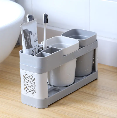 Creative Toothbrush Holder Set for Home Use, with 2 Mouthwash Cups, 1 Count Creative Countertop Toothbrush Storage Rack, Home Organiser for Bathroom