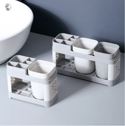 Creative Toothbrush Holder Set for Home Use, with 2 Mouthwash Cups, 1 Count Creative Countertop Toothbrush Storage Rack, Home Organiser for Bathroom