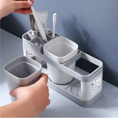 Creative Toothbrush Holder Set for Home Use, with 2 Mouthwash Cups, 1 Count Creative Countertop Toothbrush Storage Rack, Home Organiser for Bathroom