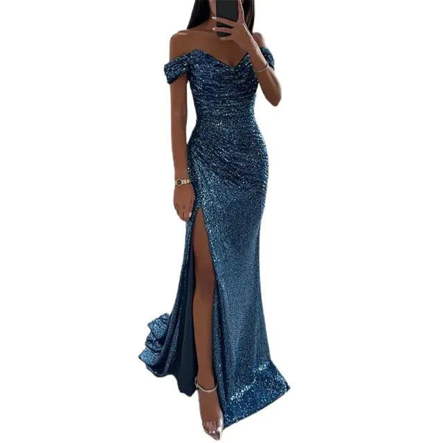 Elegant Off-Shoulder Sequined Maxi Dress for Women - Sparkly Evening Gown with Slit, Formal Prom Dress, Elegant Wedding Guest Outfit, Long Bodycon Party Dress