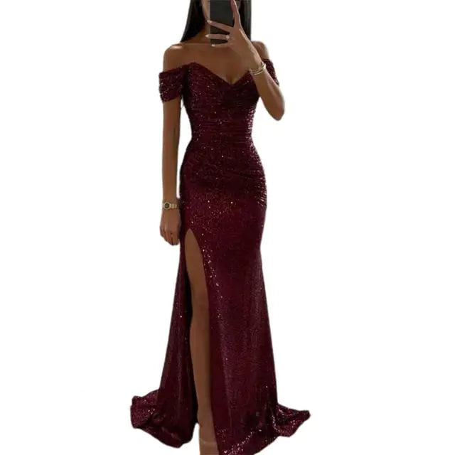 Elegant Off-Shoulder Sequined Maxi Dress for Women - Sparkly Evening Gown with Slit, Formal Prom Dress, Elegant Wedding Guest Outfit, Long Bodycon Party Dress