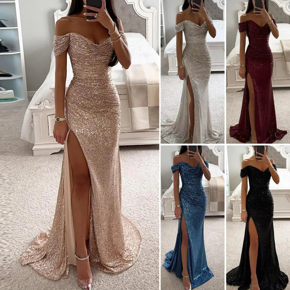 Elegant Off-Shoulder Sequined Maxi Dress for Women - Sparkly Evening Gown with Slit, Formal Prom Dress, Elegant Wedding Guest Outfit, Long Bodycon Party Dress