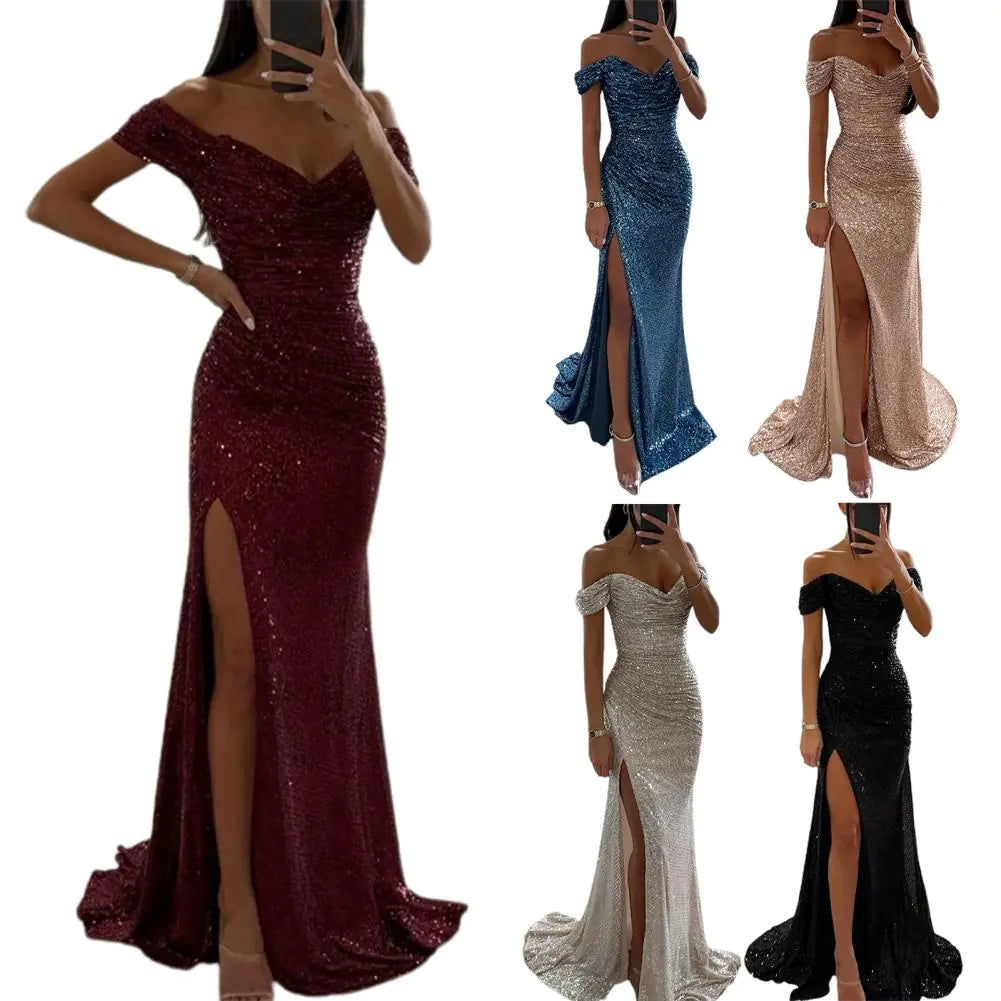 Elegant Off-Shoulder Sequined Maxi Dress for Women - Sparkly Evening Gown with Slit, Formal Prom Dress, Elegant Wedding Guest Outfit, Long Bodycon Party Dress