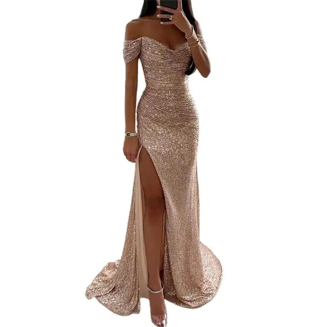 Elegant Off-Shoulder Sequined Maxi Dress for Women - Sparkly Evening Gown with Slit, Formal Prom Dress, Elegant Wedding Guest Outfit, Long Bodycon Party Dress