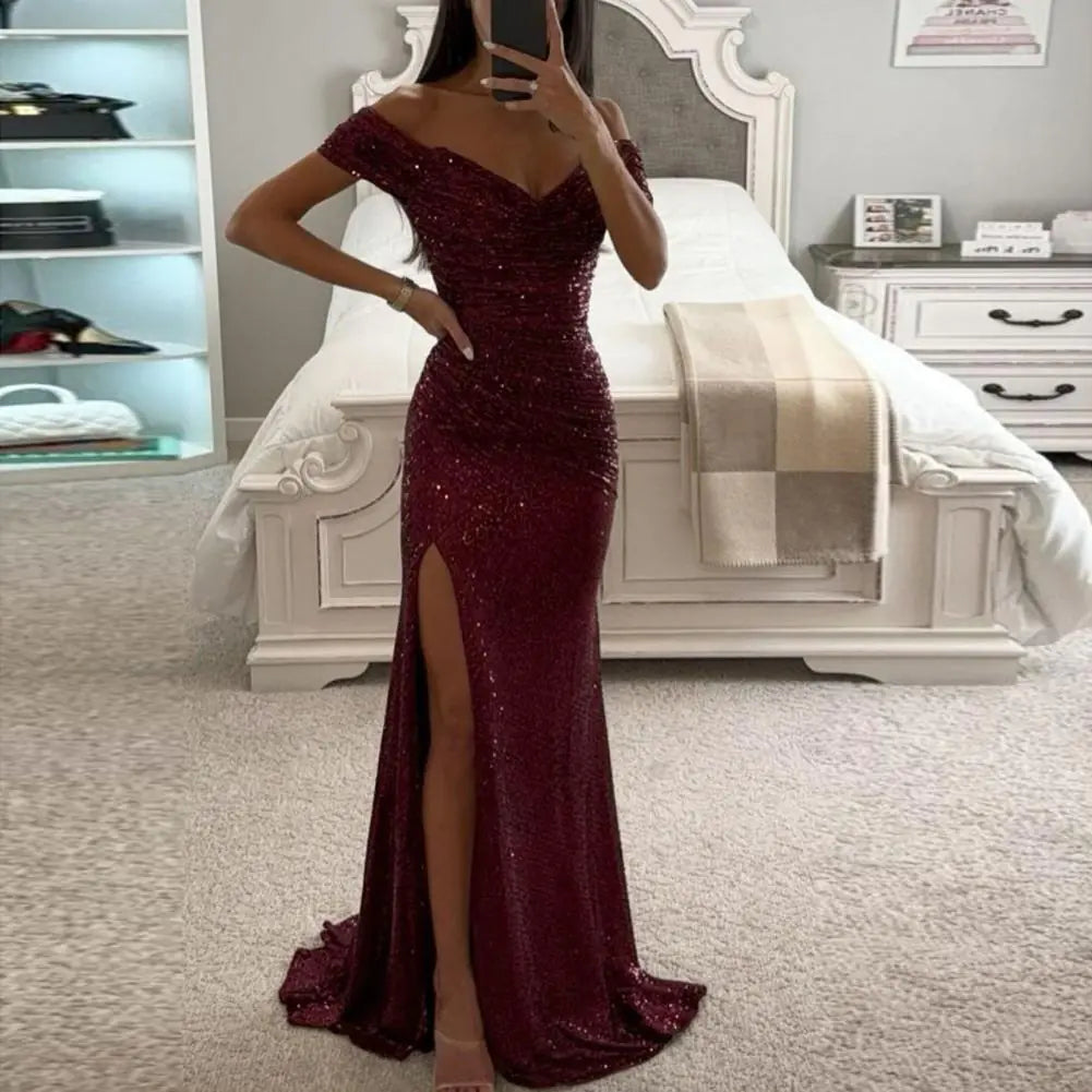 Elegant Off-Shoulder Sequined Maxi Dress for Women - Sparkly Evening Gown with Slit, Formal Prom Dress, Elegant Wedding Guest Outfit, Long Bodycon Party Dress
