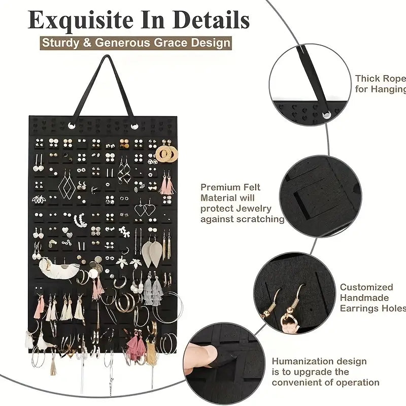 Hanging Jewelry Organizer for Earrings, Necklaces & Bracelets - Double-Sided Felt Storage Bag with Hooks, Foldable Storage-Saving Wall or Closet Hanger