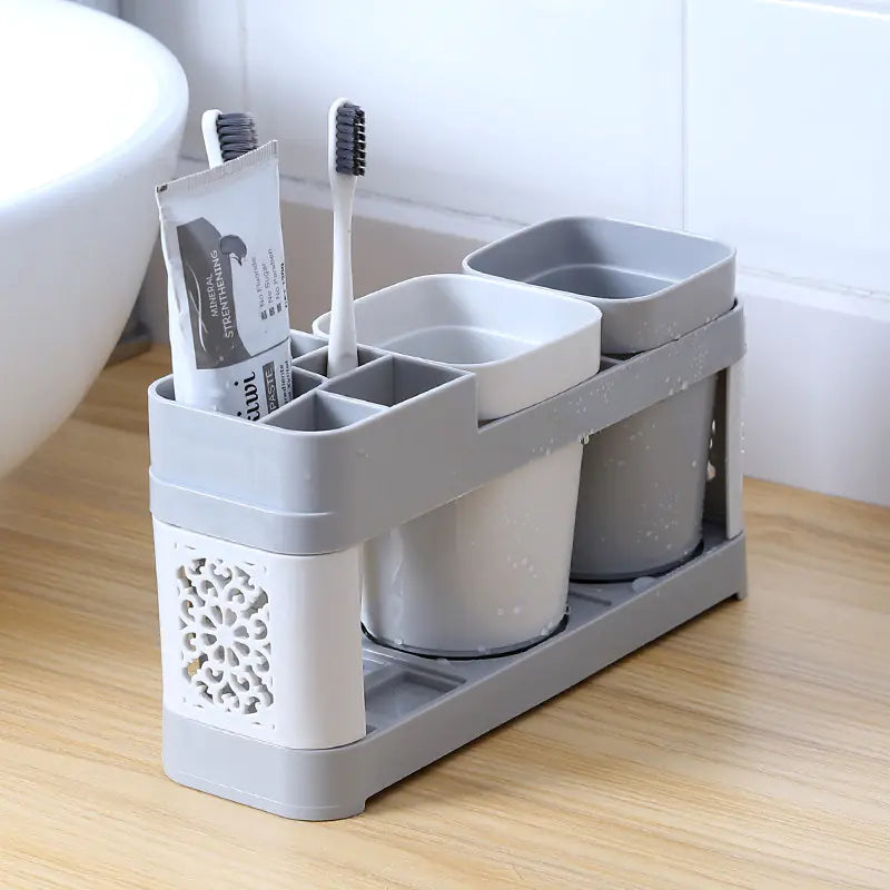 Creative Toothbrush Holder Set for Home Use, with 2 Mouthwash Cups, 1 Count Creative Countertop Toothbrush Storage Rack, Home Organiser for Bathroom