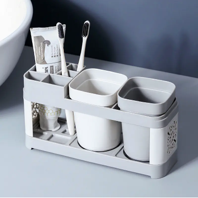 Creative Toothbrush Holder Set for Home Use, with 2 Mouthwash Cups, 1 Count Creative Countertop Toothbrush Storage Rack, Home Organiser for Bathroom