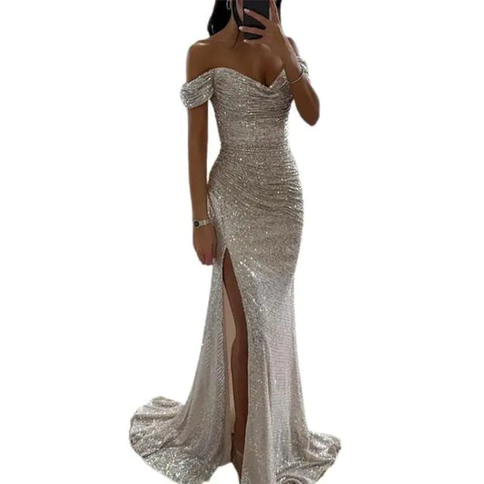 Elegant Off-Shoulder Sequined Maxi Dress for Women - Sparkly Evening Gown with Slit, Formal Prom Dress, Elegant Wedding Guest Outfit, Long Bodycon Party Dress