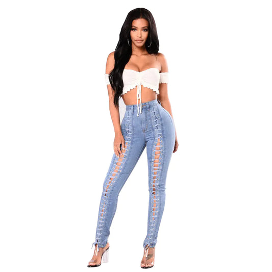 Light Blue Bandage Jeans for Women,Women's Plain Ripped High Waist Skinny Jeans, Fashion Casual Pocket Design Denim Pants for Daily Outdoor Wear, Ladies Bottoms for Spring & Fall Tall Stretch Jeans